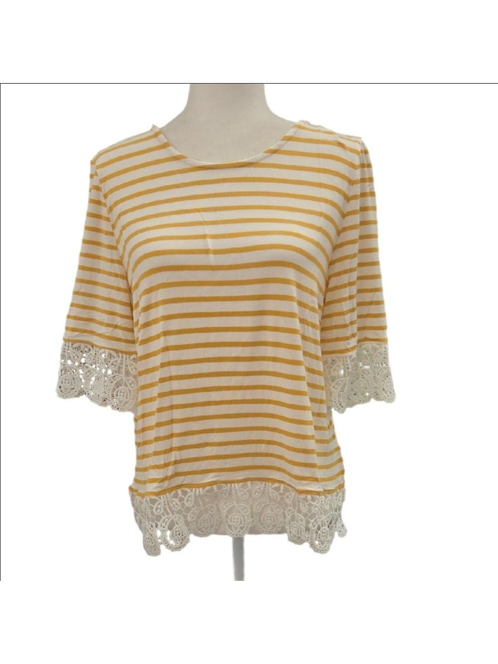 Stretchy Comfy Kim & Cami Yellow Striped Blouse with Lace L